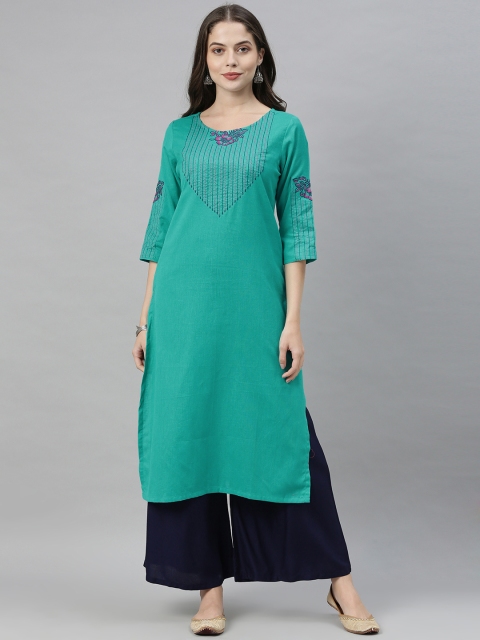 

Alena Women Teal Green Thread Work Floral Kurta