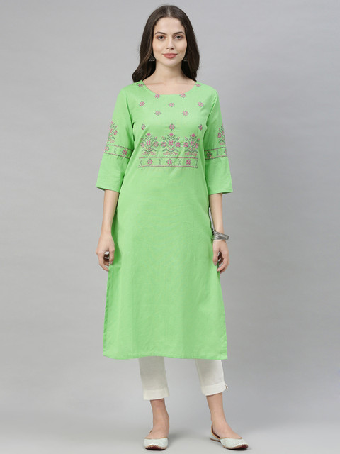 

Alena Women Green Ethnic Motifs Embroidered Thread Work Kurta