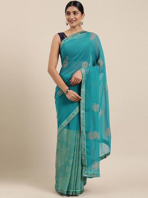 

Triveni Turquoise Blue & Brown Pure Georgette Printed Saree