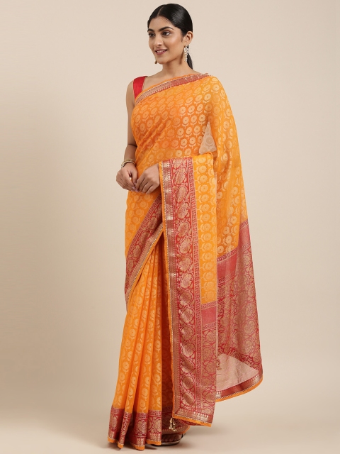 

Triveni Mustard Yellow & Gold-Toned Brasso Printed Saree