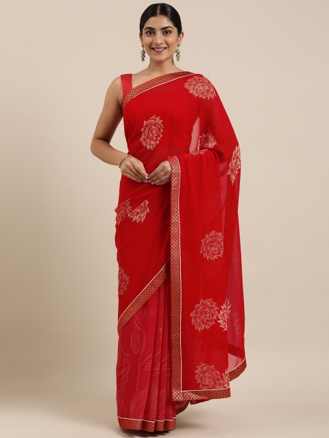 

Triveni Women Red & Gold-Toned Pure Georgette Printed Saree