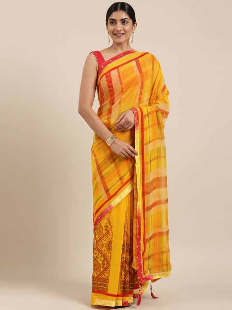 

Triveni Mustard Yellow & Red Pure Georgette Printed Saree