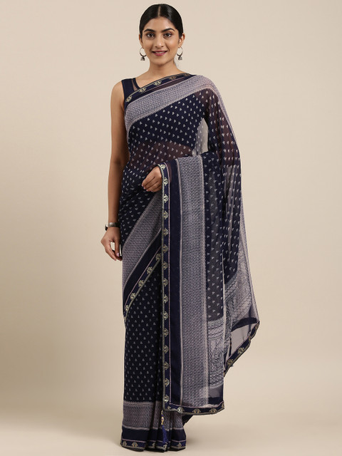 

Triveni Navy Blue & White Pure Georgette Printed Saree