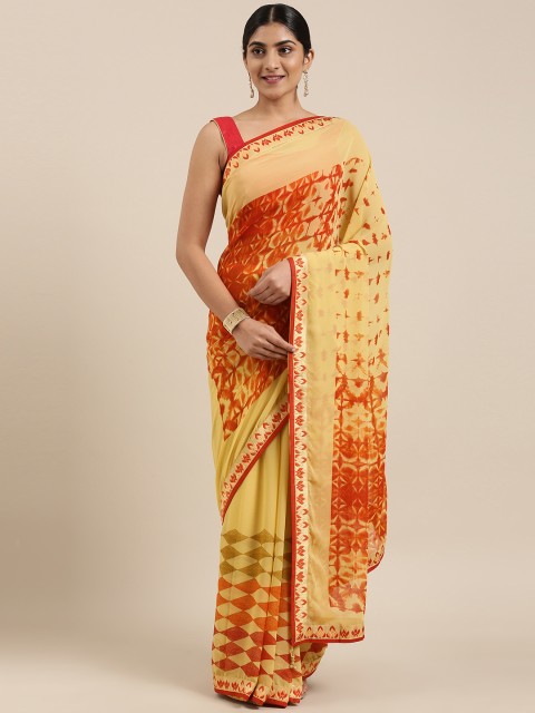 

Triveni Women Orange Printed Pure Georgette Saree