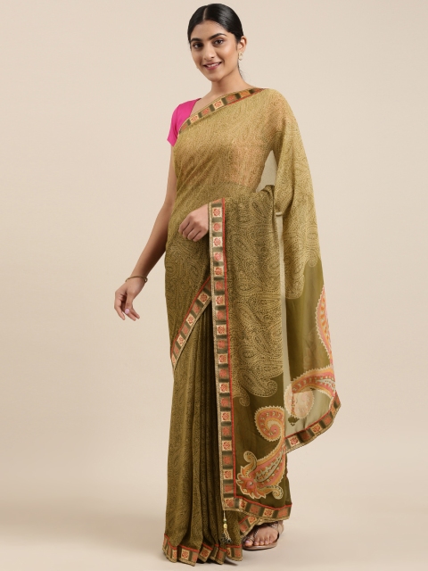 

Triveni Olive Green & Beige Pure Georgette Printed Saree