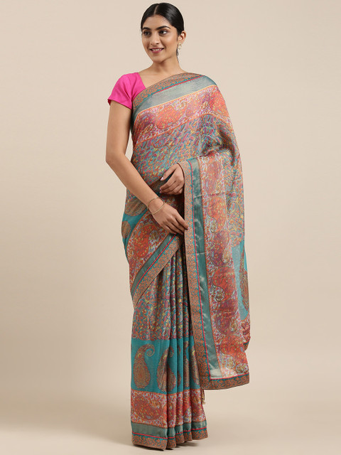 

Triveni Turquoise Blue & Orange Brasso Printed Saree