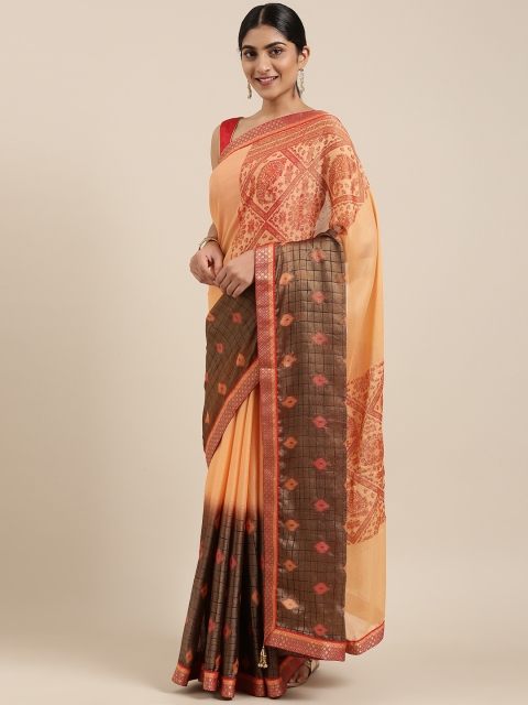 

Triveni Peach-Coloured & Red Brasso Printed Saree