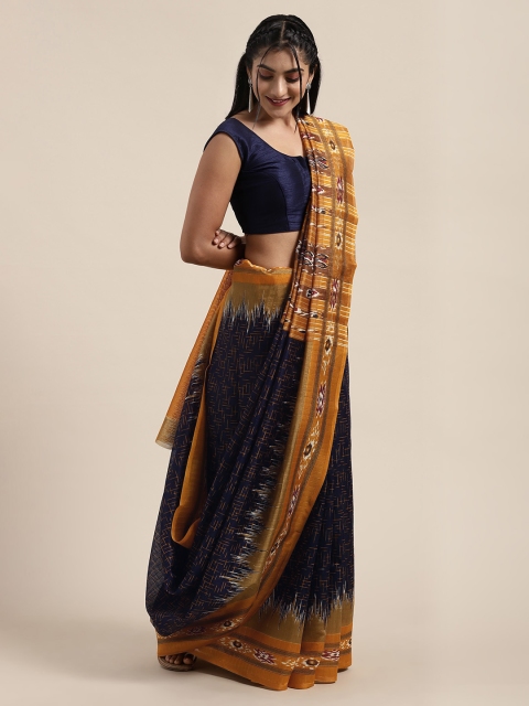 

Saree Swarg Navy Blue & Mustard Art Silk Printed Saree