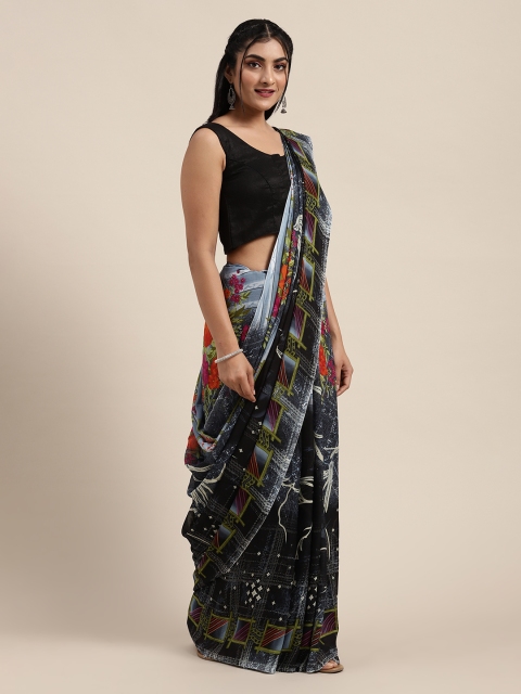 

Saree Swarg Grey & Black Poly Georgette Printed Saree