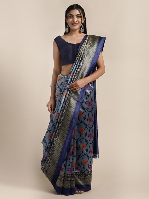 

Saree Swarg Grey & Blue Art Silk Printed Saree with Blouse