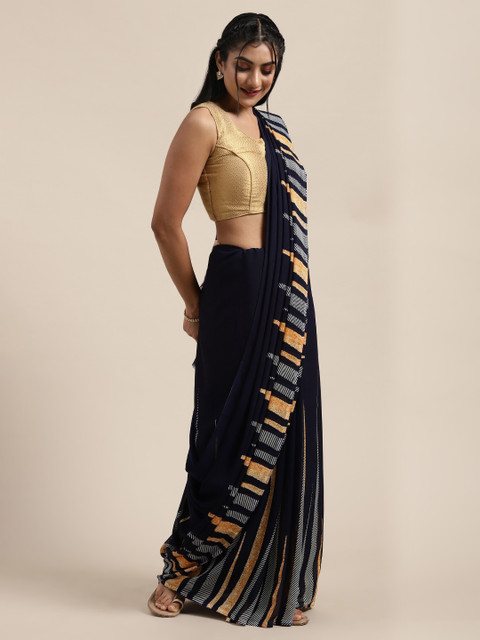 

Saree Swarg Navy Blue Striped Poly Georgette Saree
