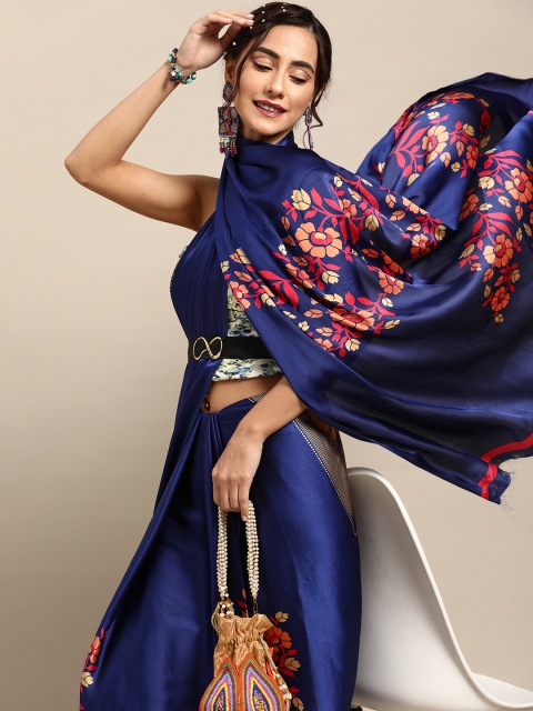 

Tikhi Imli Deep Navy Blue and Pink Printed Satin Saree