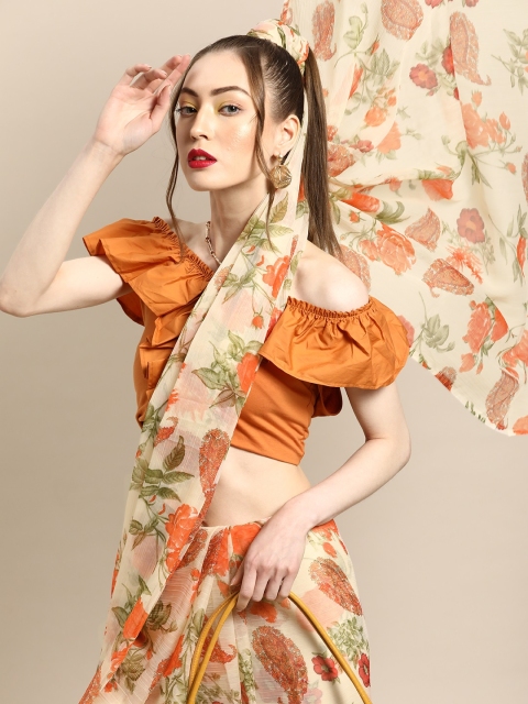 

Tikhi Imli Classic Beige and Orange Printed Poly Chiffon Saree