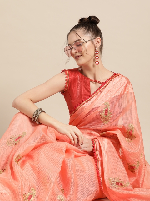 

Tikhi Imli Peach-Coloured & Red Ethnic Motifs Embroidered Saree