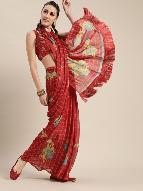 

Tikhi Imli Blazing Red and Yellow Poly Crepe Saree