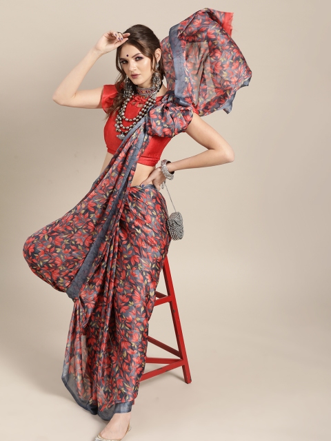 

Tikhi Imli Grey & Coral Poly Crepe Floral Printed Saree