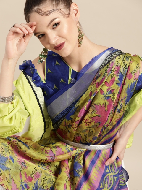 

Tikhi Imli Bright Yellow and Blue Printed Organza Saree with Zari Border