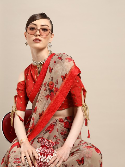 

Tikhi Imli Taupe & Red Floral Print Saree