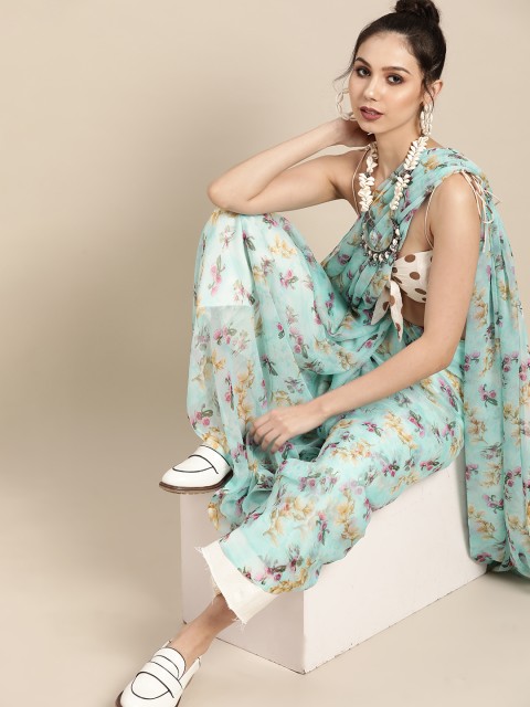 

Tikhi Imli Turquoise Blue & Pink Floral Saree