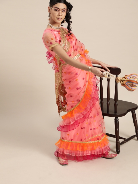 

Tikhi Imli Sassy Pink Embroidered Saree with Ruffle Detail Border