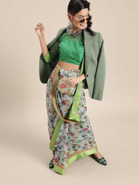 

Tikhi Imli Grey & Green Poly Georgette Printed Saree