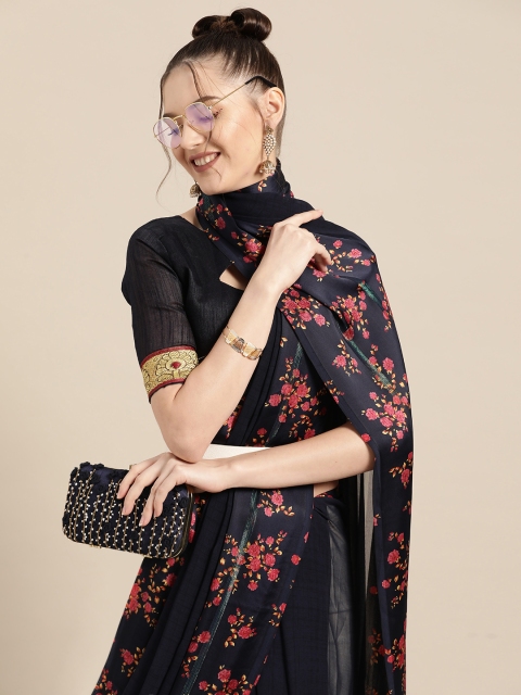 

Tikhi Imli Bold Navy Blue and Pink Printed Poly Georgette Saree