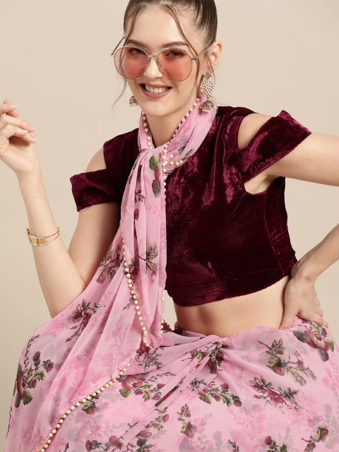 

Tikhi Imli Enchanting Pink and Green Printed Poly Georgette Saree with Embellished Border