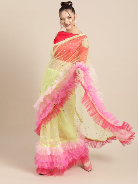 

Tikhi Imli Bright Yellow and Pink Embellished Net Saree with Solid Border