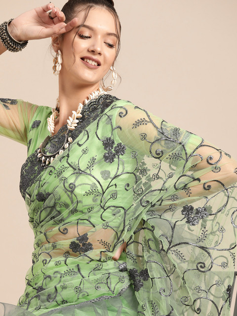 

Tikhi Imli Classic Green and Grey Embroidered Net Saree