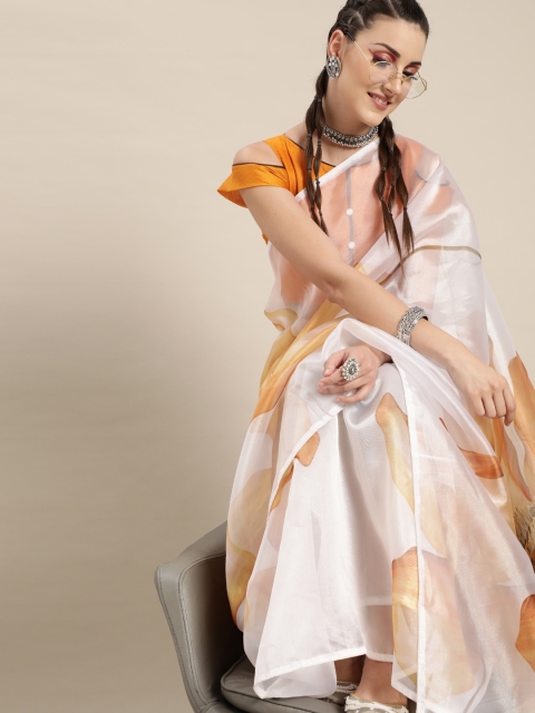 

Tikhi Imli Off-White & Orange Organza Printed Saree