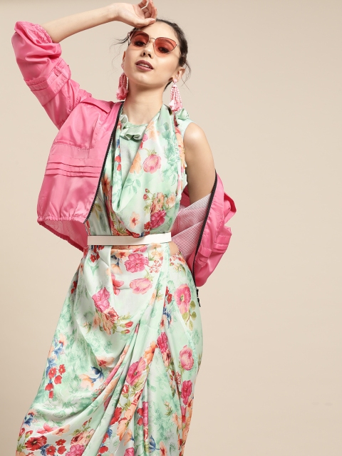 

Tikhi Imli Enchanting Green and Pink Printed Satin Saree