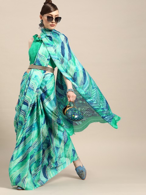 

Tikhi Imli Bold Green and Blue Printed Satin Saree