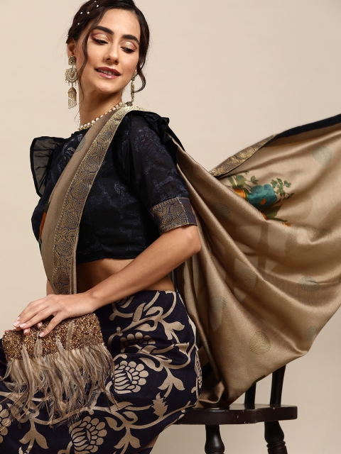 

Tikhi Imli Navy Blue & Golden Floral Printed Saree