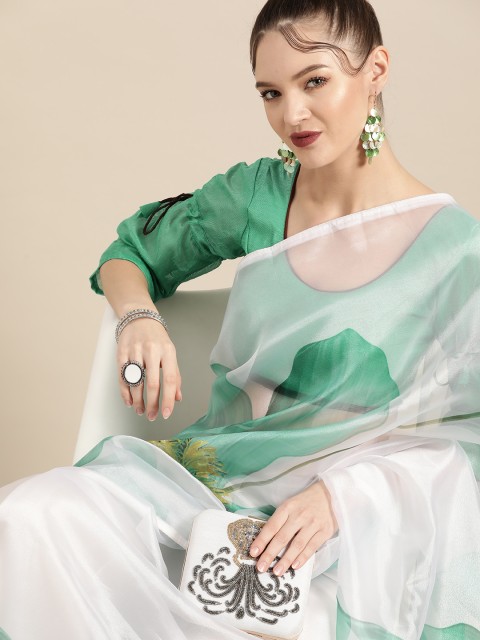 

Tikhi Imli White & Green Floral Organza Saree