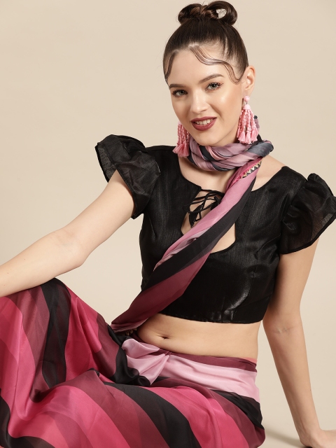 

Tikhi Imli Deep Pink and Black Striped Poly Crepe Saree with Embroidered Border