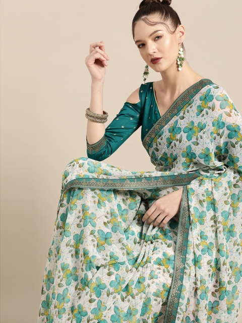 

Tikhi Imli Calm White and Green Printed Poly Georgette Saree with Embellished Border
