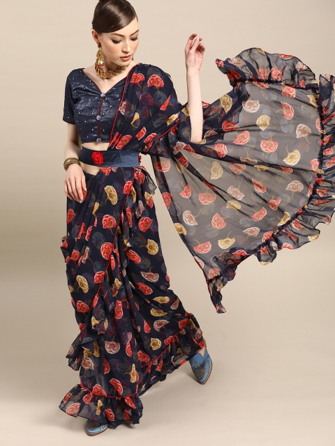 

Tikhi Imli Navy Blue & Pink Floral Printed Saree