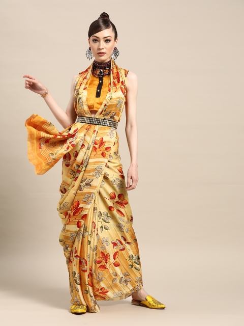

Tikhi Imli Trendy Mustard Printed Satin Saree
