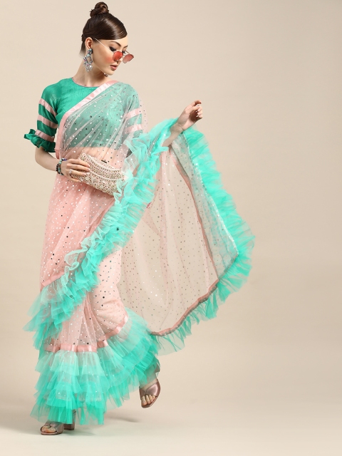 

Tikhi Imli Peach-Coloured & Turquoise Blue Net Ruffled Saree