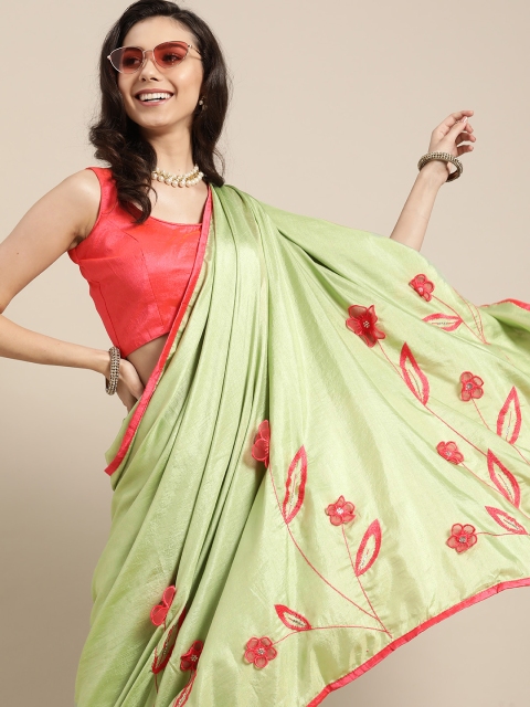 

Tikhi Imli Stylish Green and Pink Embroidered Polyester Saree with Solid Border