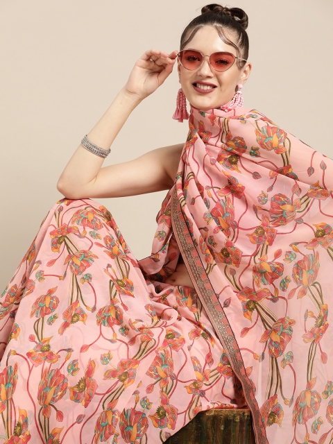 

Tikhi Imli Deep Pink and Coral Printed Poly Georgette Saree with Woven Border