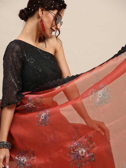 

Tikhi Imli Red & Blue Floral Organza Saree