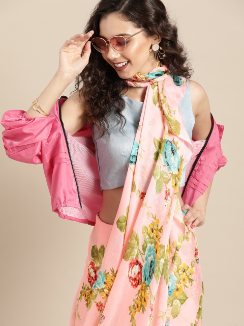 

Tikhi Imli Fresh Peach and Blue Printed Poly Crepe Saree