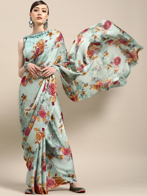

Tikhi Imli Calm Sea Green and Red Printed Satin Saree