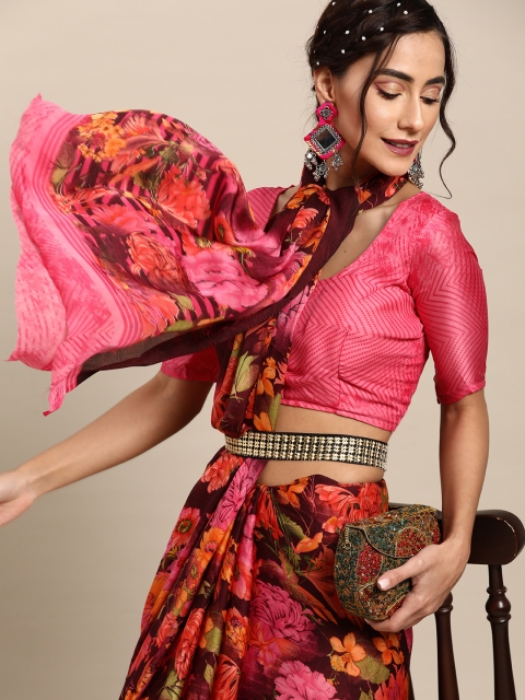 

Tikhi Imli Deep Burgundy and Pink Printed Satin Saree