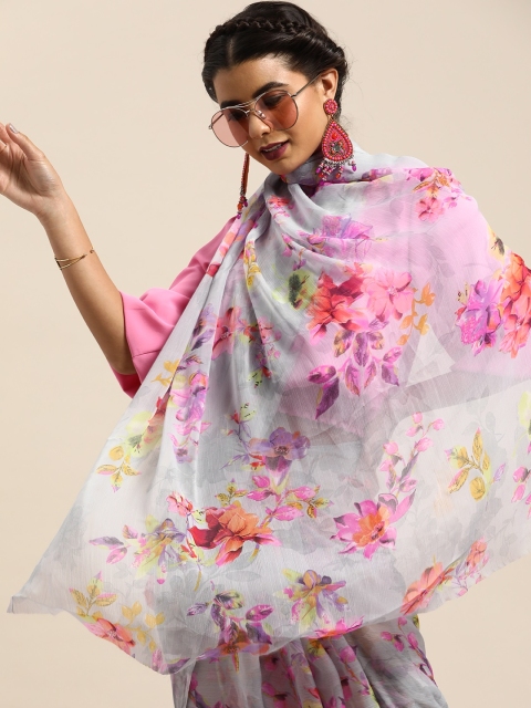 

Tikhi Imli Deep Grey and Pink Printed Poly Chiffon Saree
