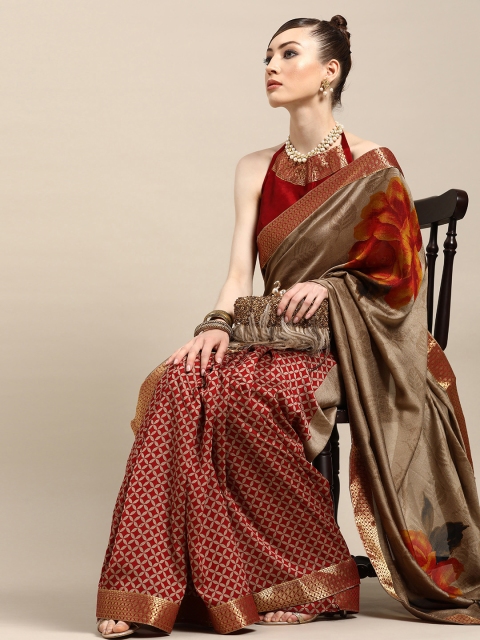 

Tikhi Imli Classic Maroon and Beige Woven Designed Poly Silk Saree with Woven Border