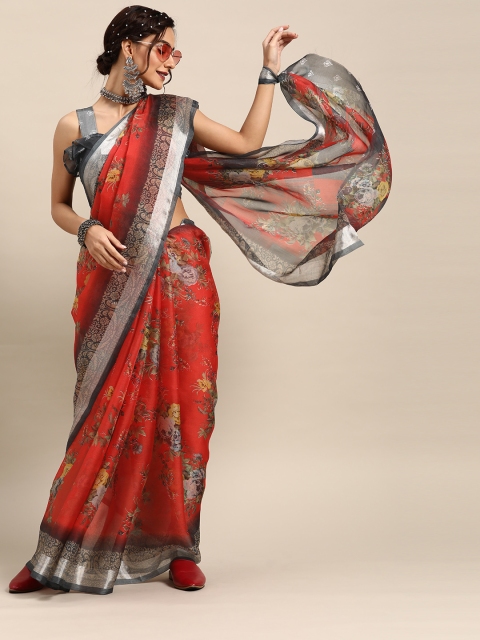 

Tikhi Imli Trendy Red Printed Organza Saree with Woven Border