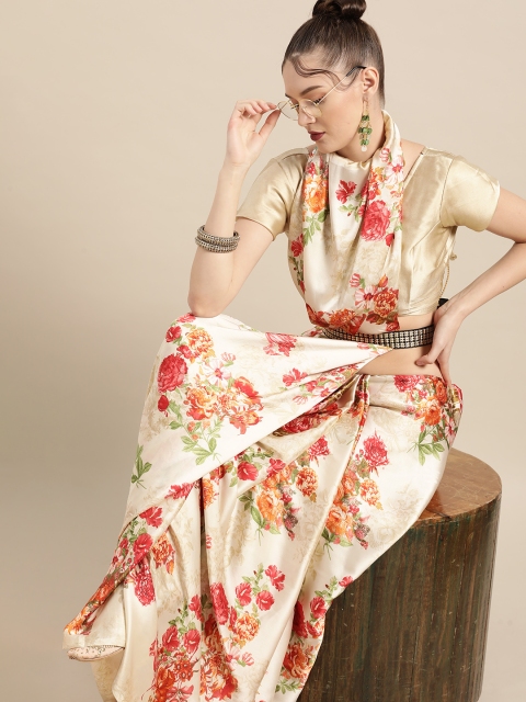 

Tikhi Imli Classic Cream and Red Printed Satin Saree