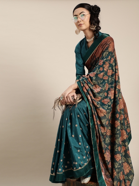 

Tikhi Imli Teal Green & Brown Floral Print Saree